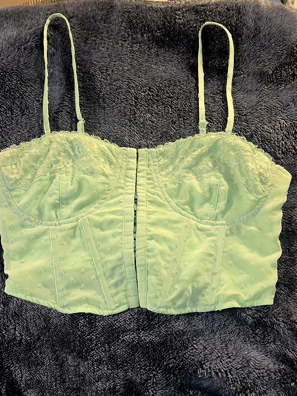 La Hearts Light Green Lace-Trim Bustier Crop Top